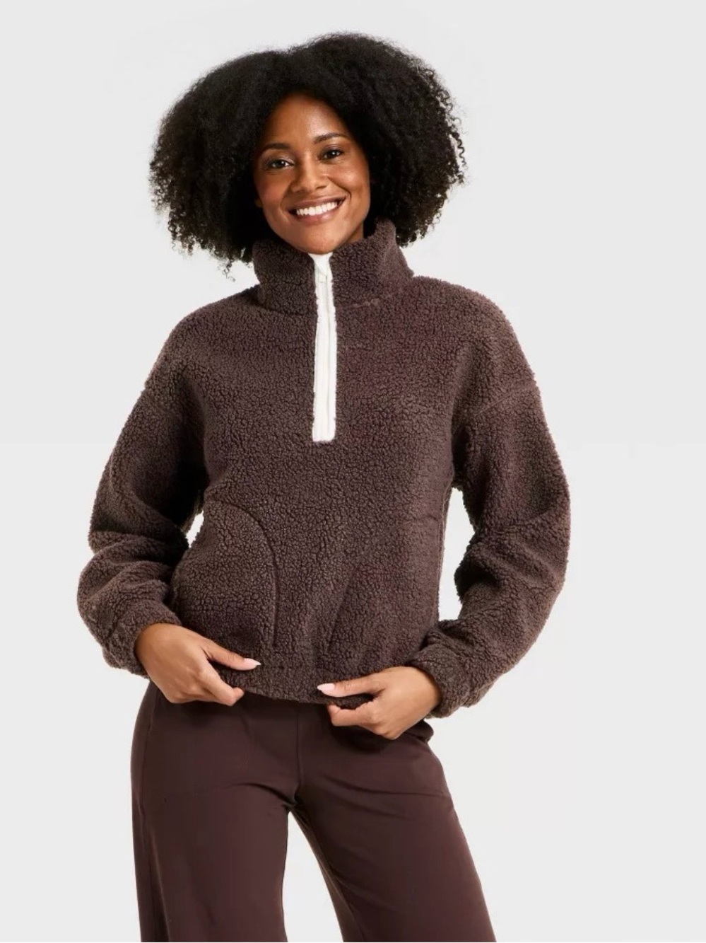 All In Motion Women's Brown Sherpa Half-Zip Pullover Jacket